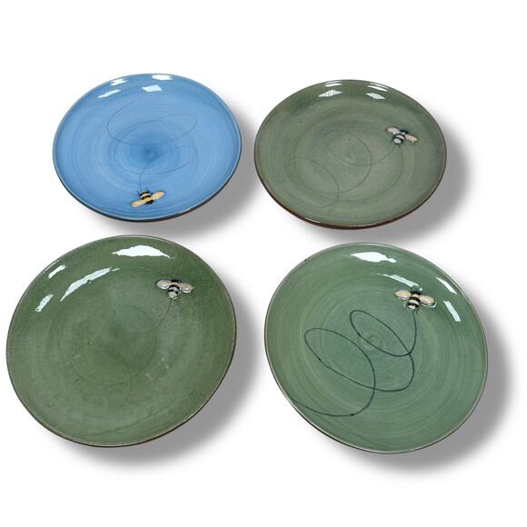 Pottery Barn Bumble Bee Embossed Salad Dessert Plates 8.5" Green Blue Lot of 4